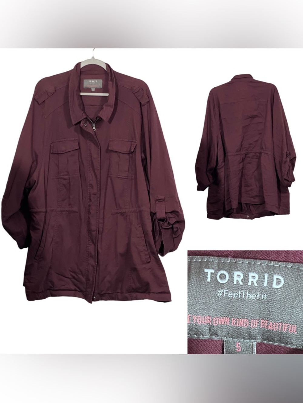 torrid Utility Jacket plus size 5x Burgundy deep purple Roll-Tab Sleeve casual